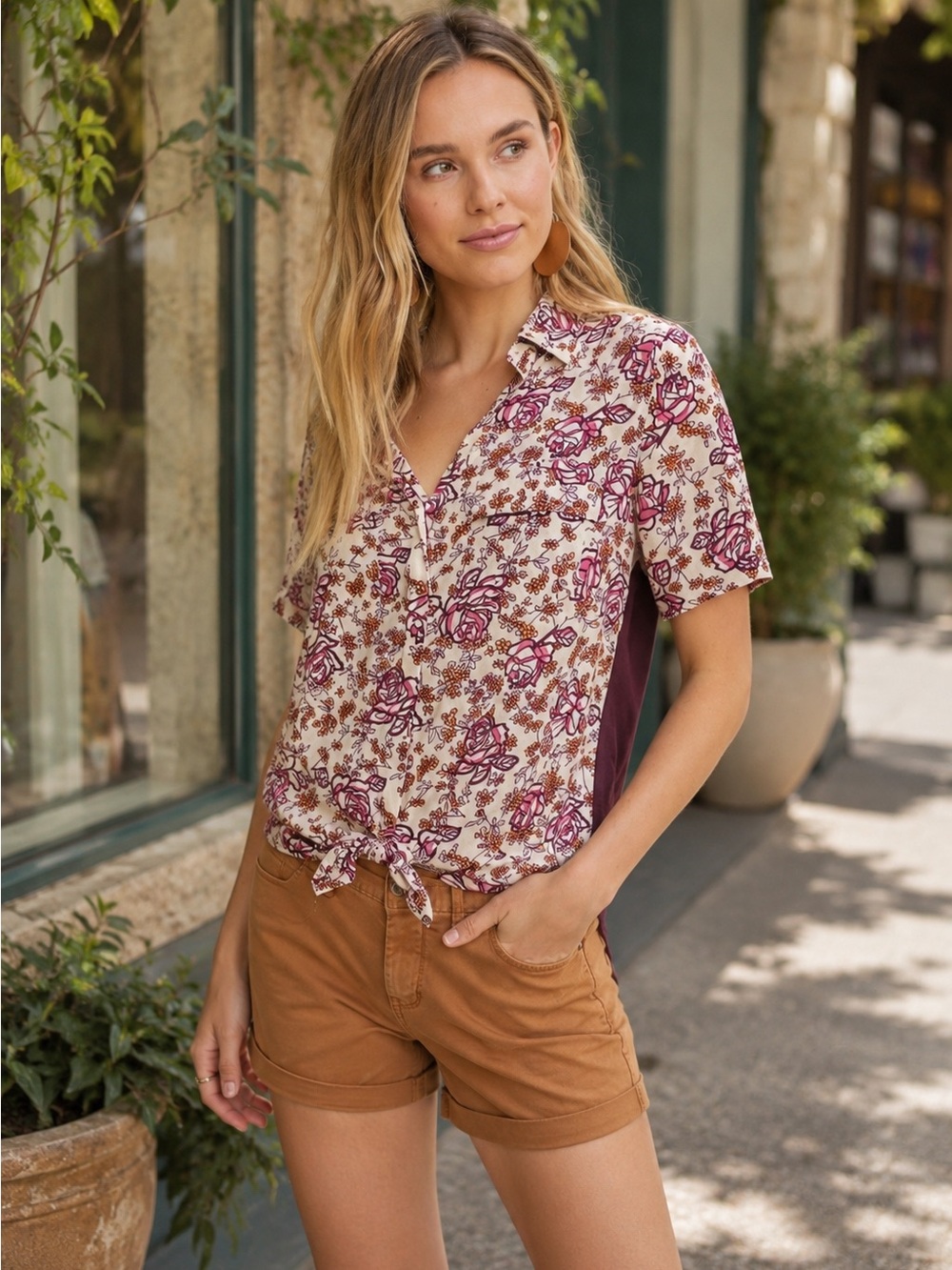 Porridge Anthropologie Bergen Floral Short Sleeve‎ Button Front Tie Blouse Top